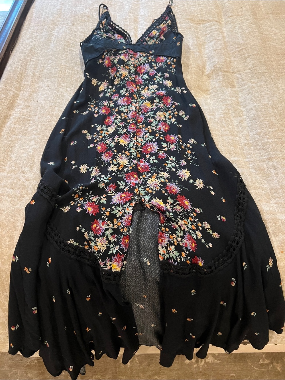 Free People Black Floral Lace-Trim Maxi Slip Dress